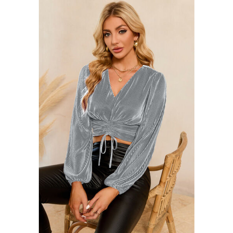 Drawstring V - Neck Balloon Sleeve Blouse Apparel and Accessories