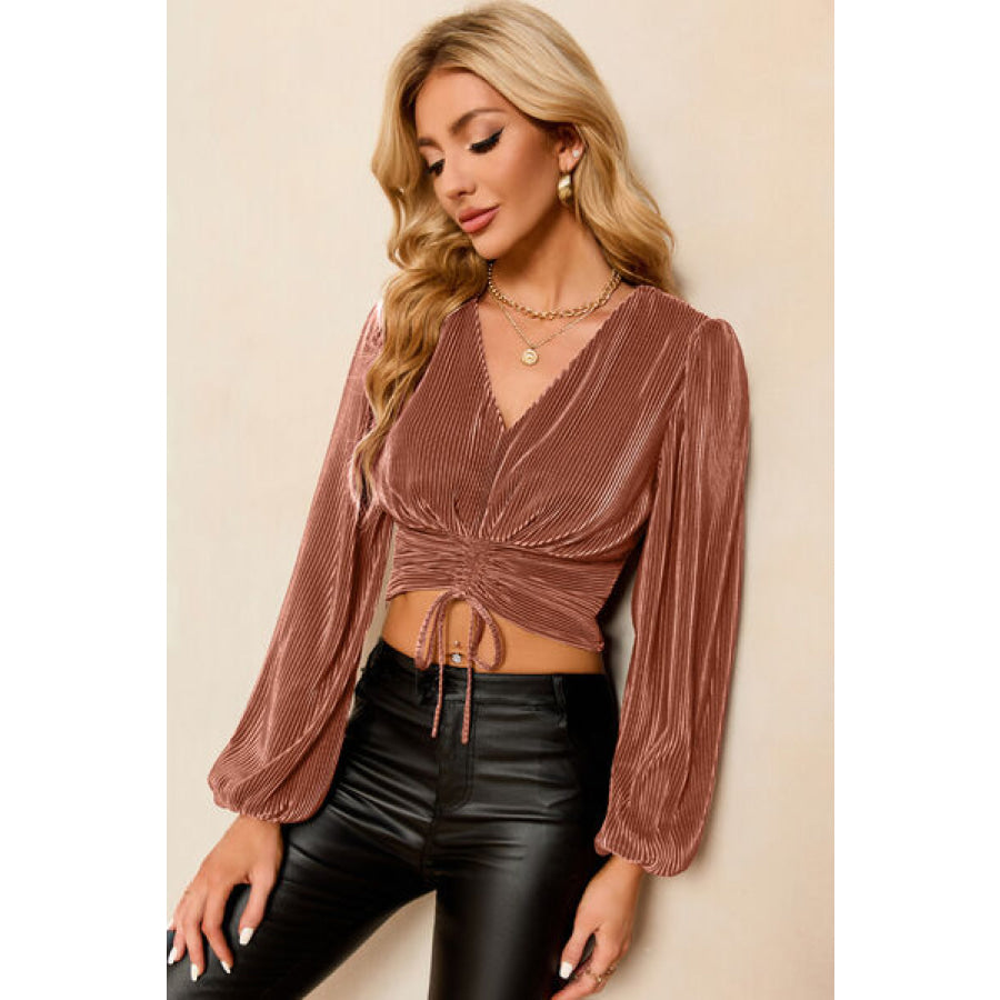 Drawstring V - Neck Balloon Sleeve Blouse Apparel and Accessories