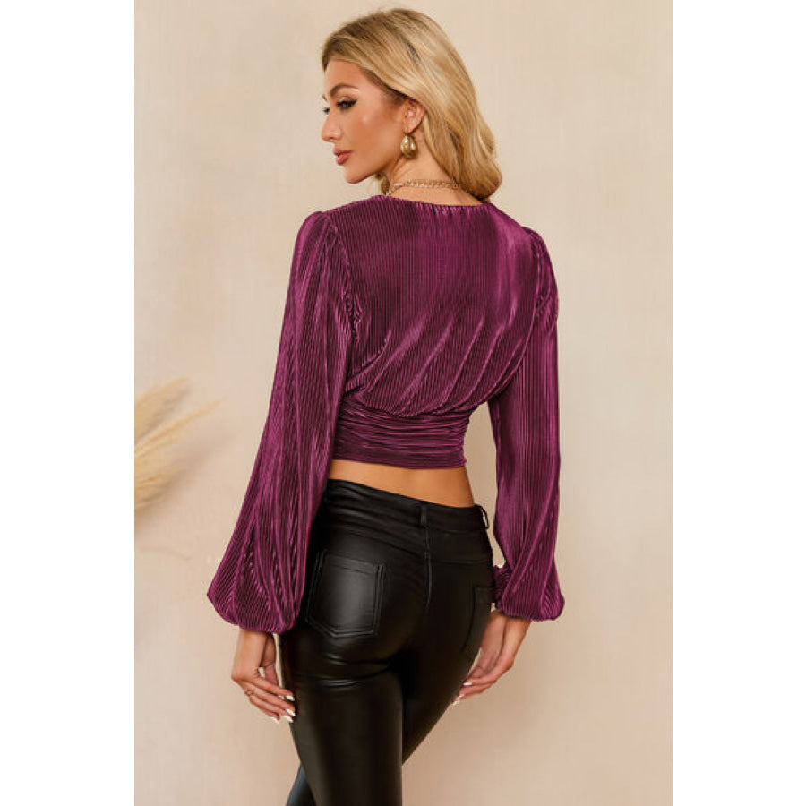 Drawstring V - Neck Balloon Sleeve Blouse Apparel and Accessories