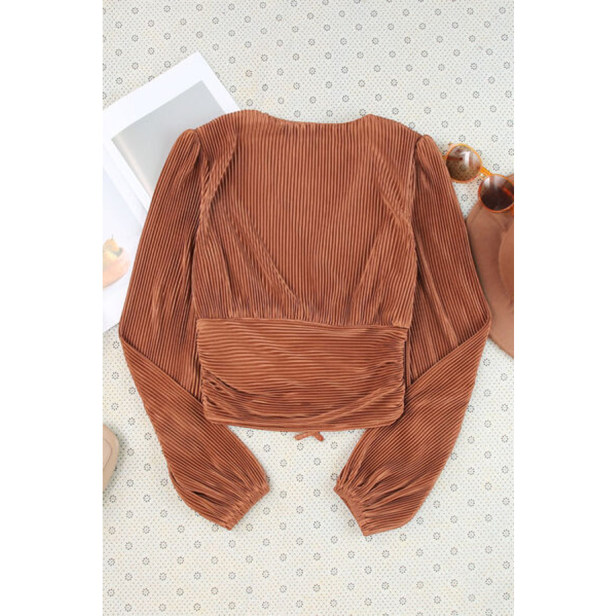 Drawstring V - Neck Balloon Sleeve Blouse Apparel and Accessories