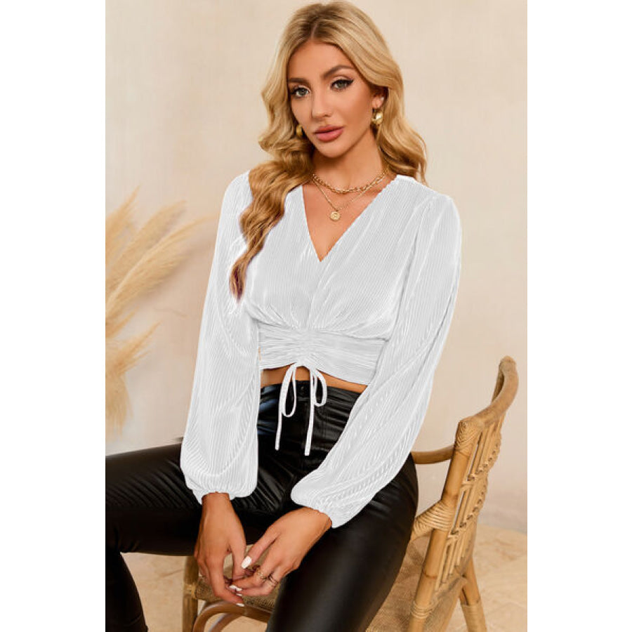 Drawstring V - Neck Balloon Sleeve Blouse Apparel and Accessories