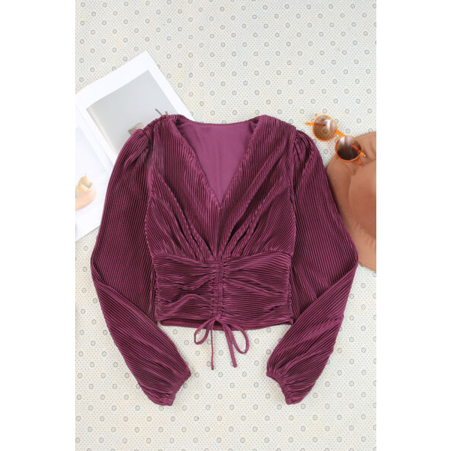 Drawstring V - Neck Balloon Sleeve Blouse Apparel and Accessories