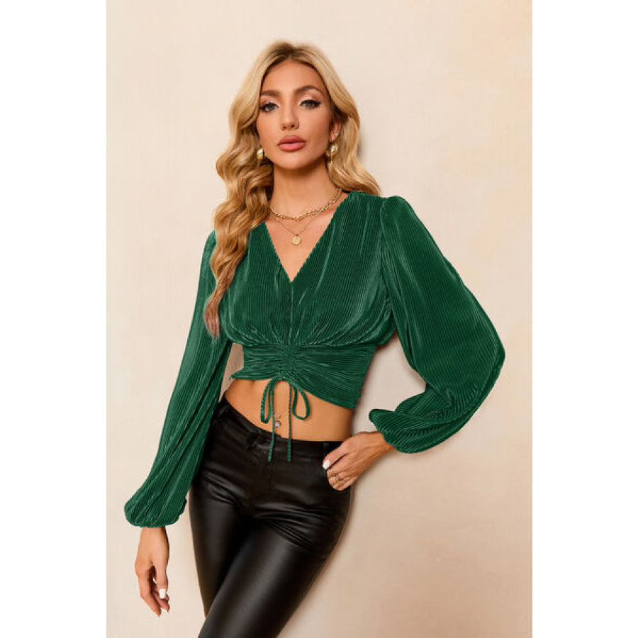 Drawstring V - Neck Balloon Sleeve Blouse Apparel and Accessories