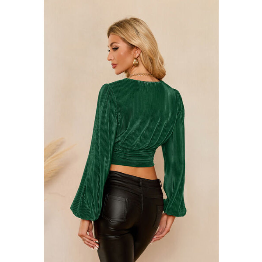 Drawstring V - Neck Balloon Sleeve Blouse Apparel and Accessories