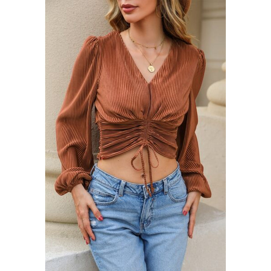 Drawstring V - Neck Balloon Sleeve Blouse Chestnut / S Apparel and Accessories