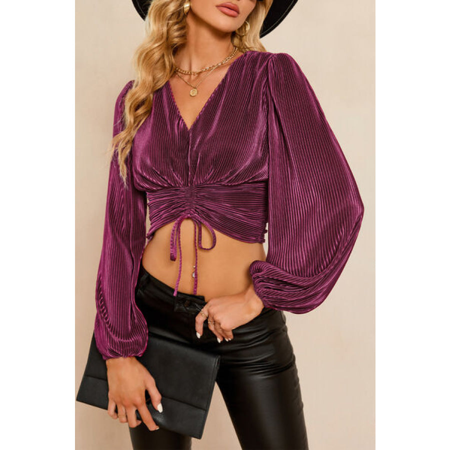 Drawstring V - Neck Balloon Sleeve Blouse Dusty Purple / S Apparel and Accessories