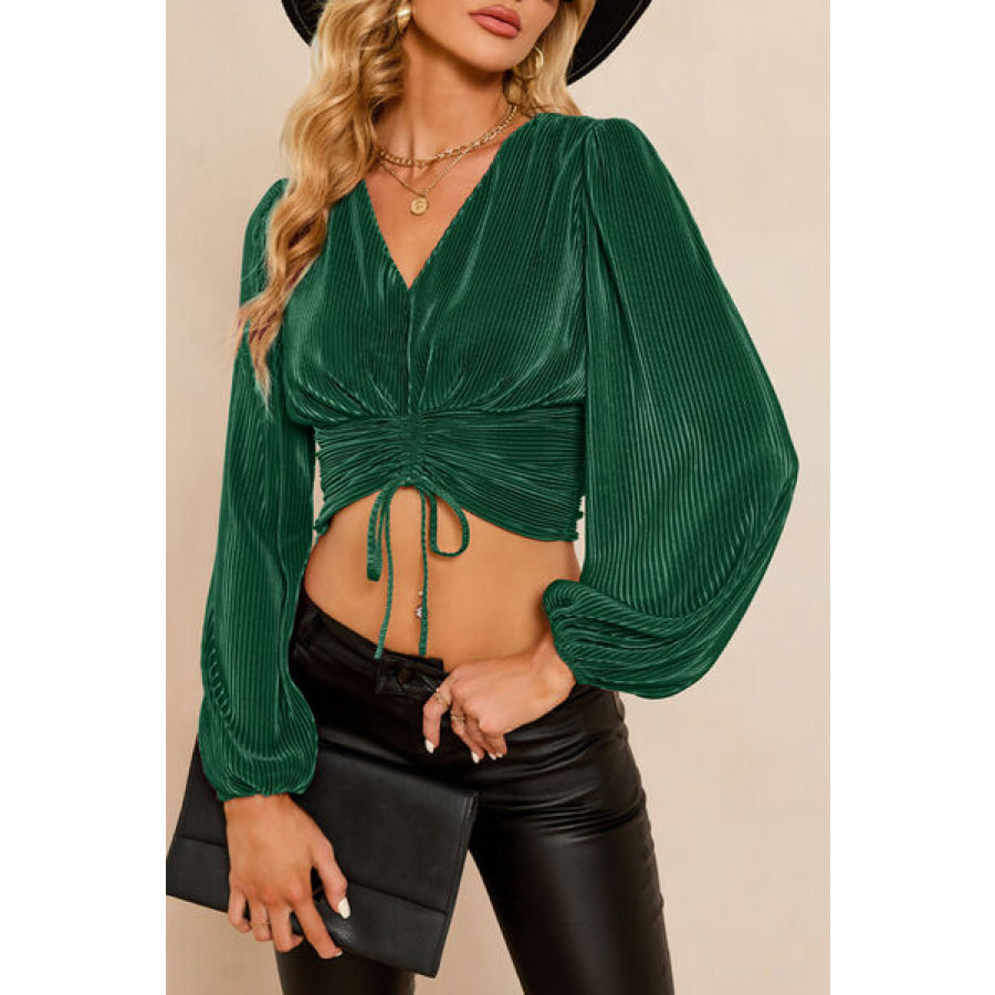 Drawstring V - Neck Balloon Sleeve Blouse Green / S Apparel and Accessories