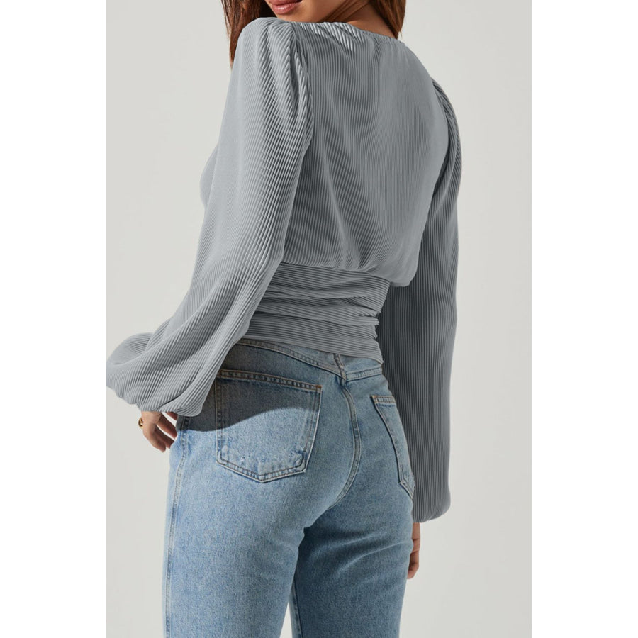 Drawstring V-Neck Long Sleeve Blouse Apparel and Accessories