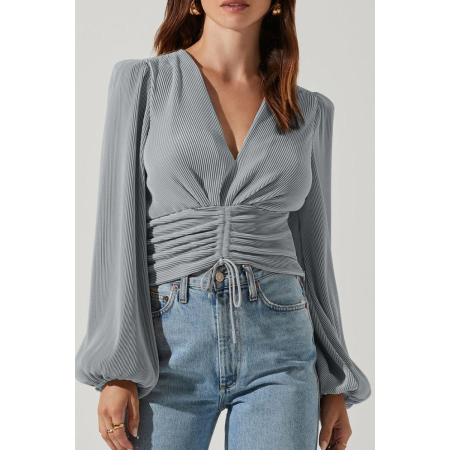 Drawstring V-Neck Long Sleeve Blouse Apparel and Accessories