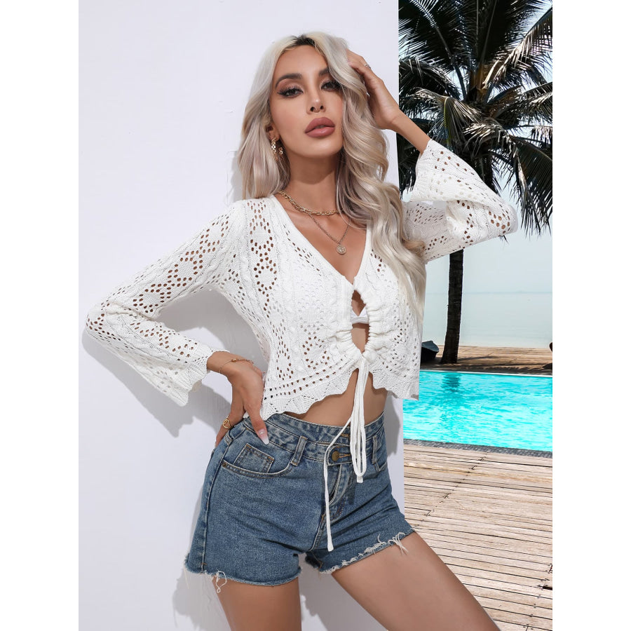 Drawstring V-Neck Long Sleeve Cover Up White / S Apparel and Accessories