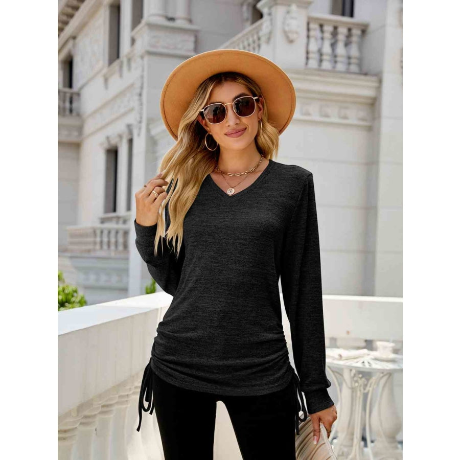 Drawstring V-Neck Long Sleeve T-Shirt Black / S