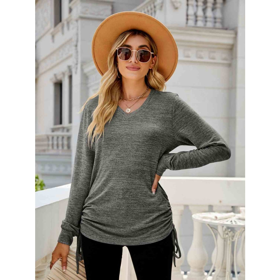 Drawstring V-Neck Long Sleeve T-Shirt Charcoal / S