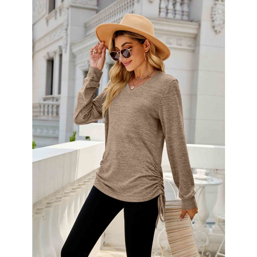 Drawstring V-Neck Long Sleeve T-Shirt Khaki / S