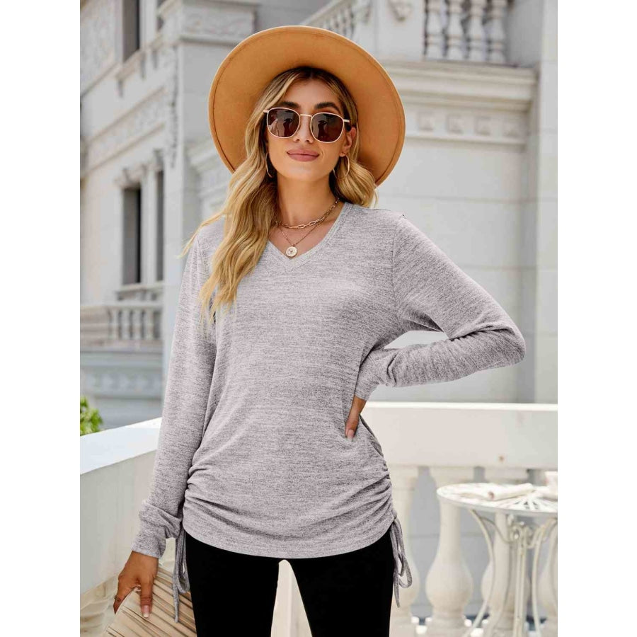 Drawstring V-Neck Long Sleeve T-Shirt Light Gray / S