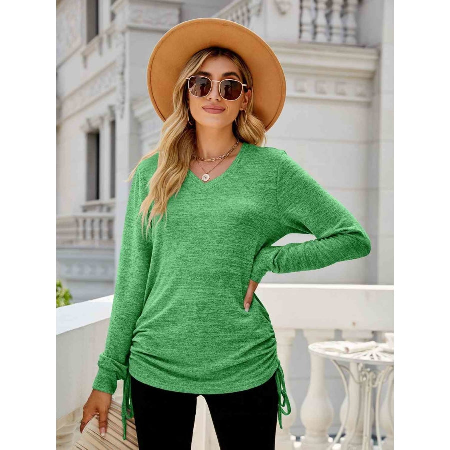 Drawstring V-Neck Long Sleeve T-Shirt Mint Green / S