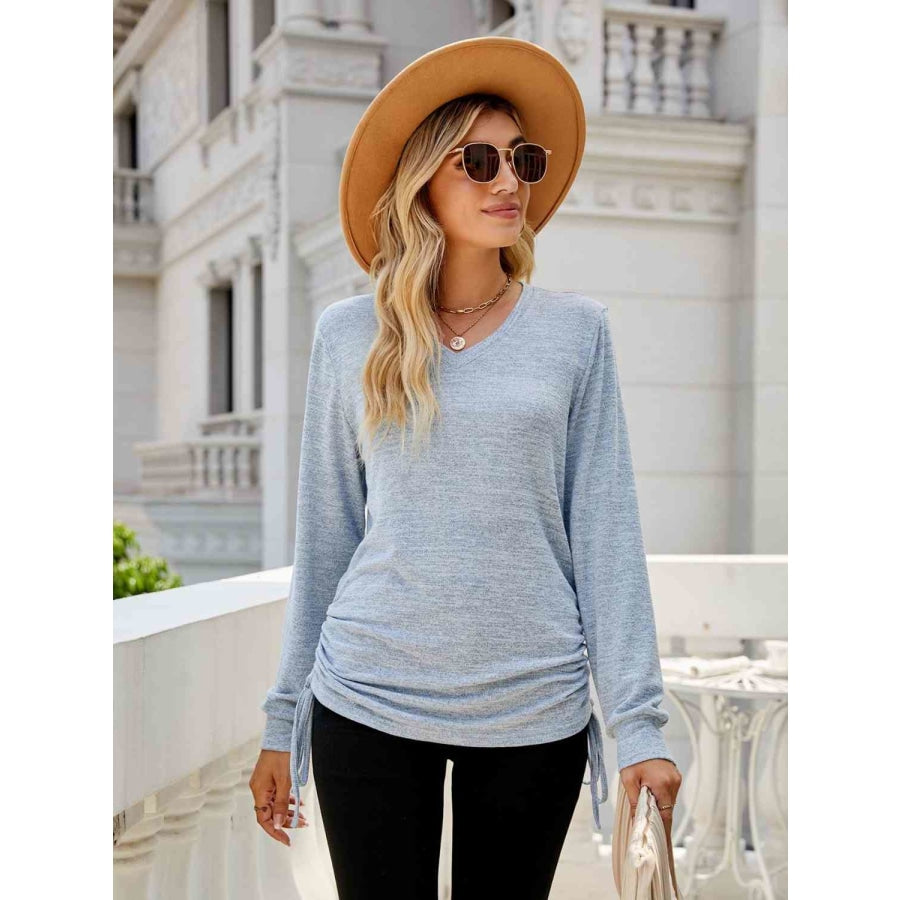 Drawstring V-Neck Long Sleeve T-Shirt Misty Blue / S