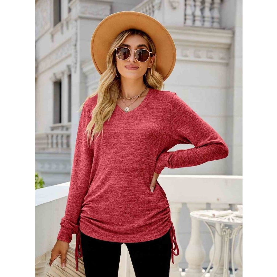 Drawstring V-Neck Long Sleeve T-Shirt Strawberry / S