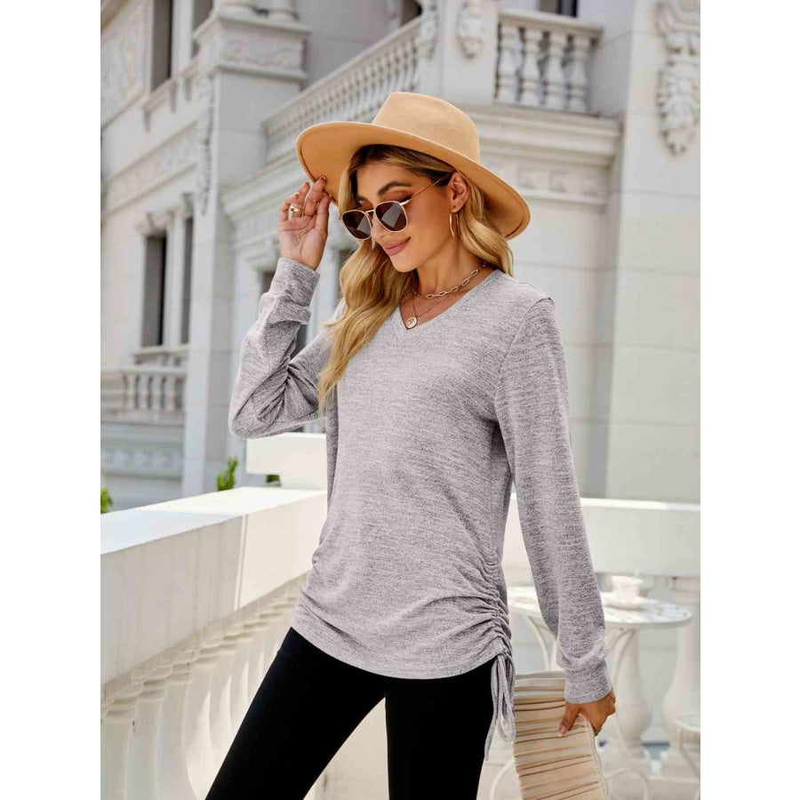 Drawstring V-Neck Long Sleeve T-Shirt