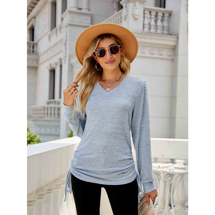 Drawstring V-Neck Long Sleeve T-Shirt