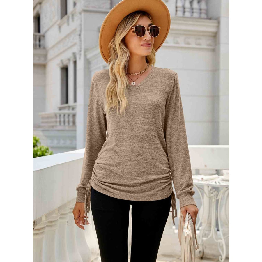 Drawstring V-Neck Long Sleeve T-Shirt