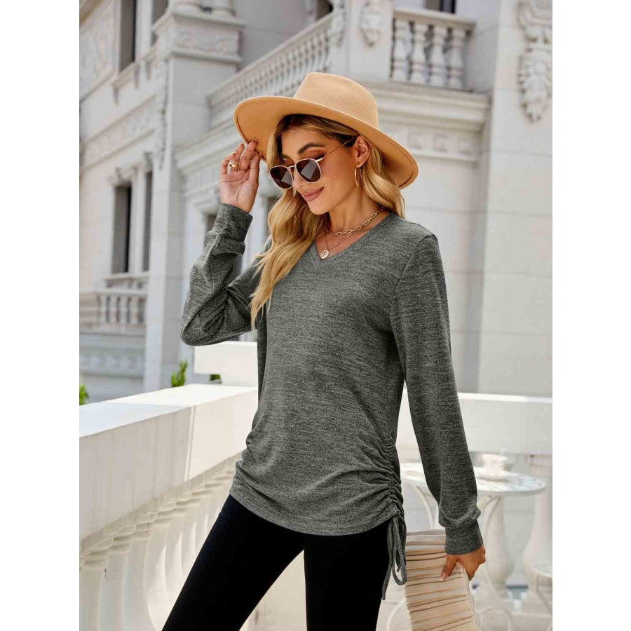 Drawstring V-Neck Long Sleeve T-Shirt