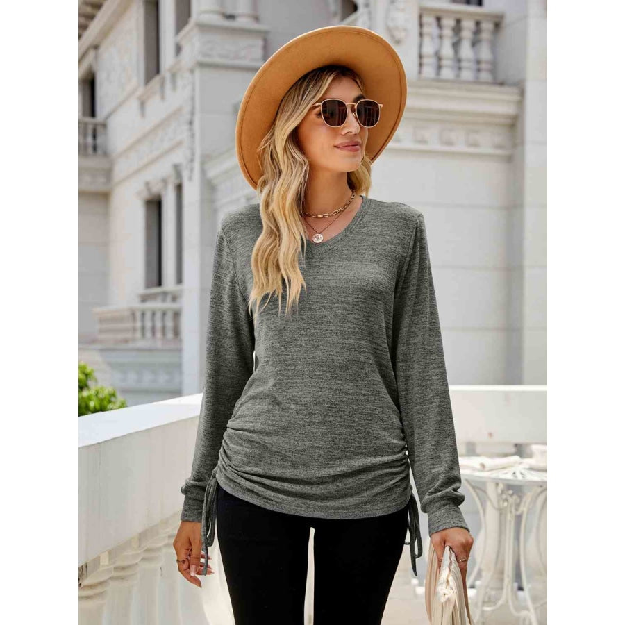 Drawstring V-Neck Long Sleeve T-Shirt