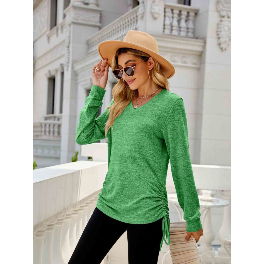 Drawstring V-Neck Long Sleeve T-Shirt