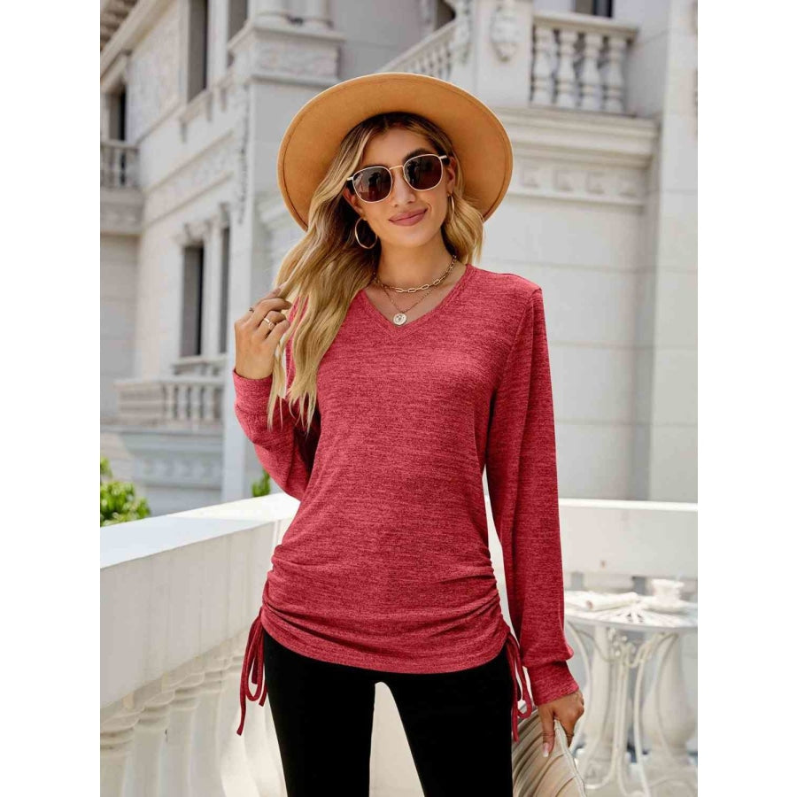 Drawstring V-Neck Long Sleeve T-Shirt