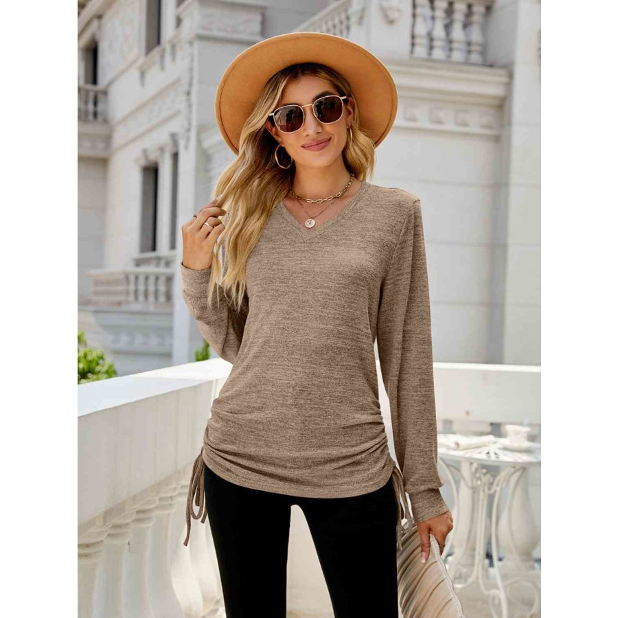 Drawstring V-Neck Long Sleeve T-Shirt