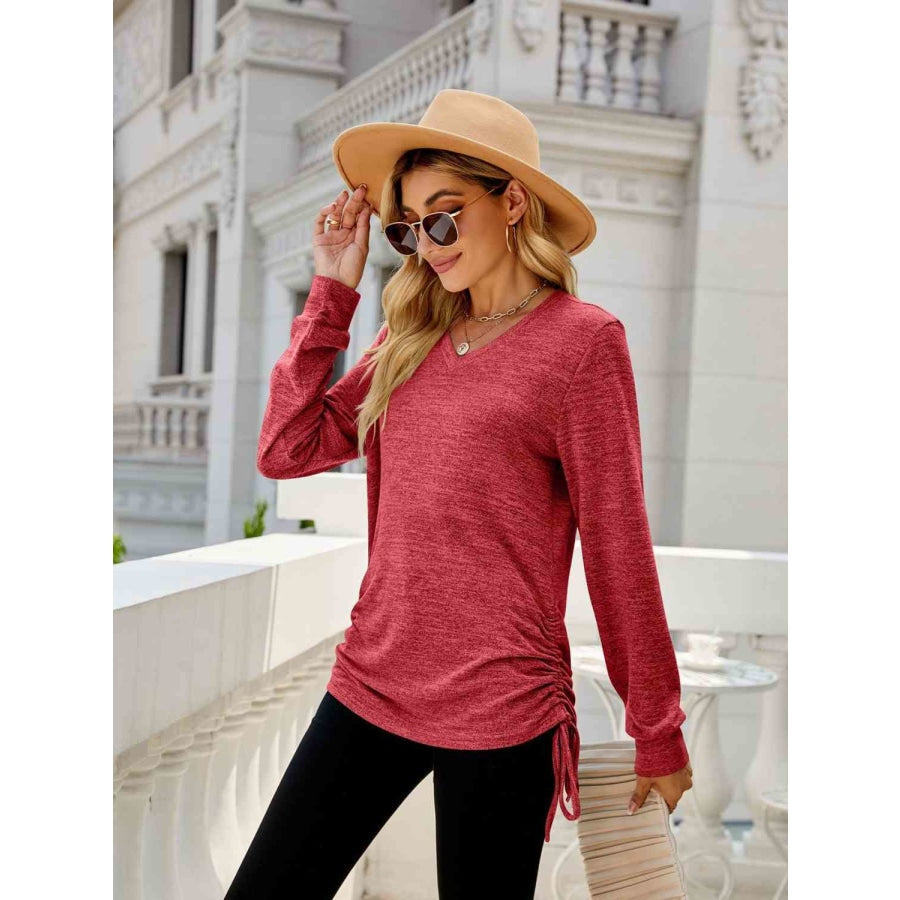 Drawstring V-Neck Long Sleeve T-Shirt