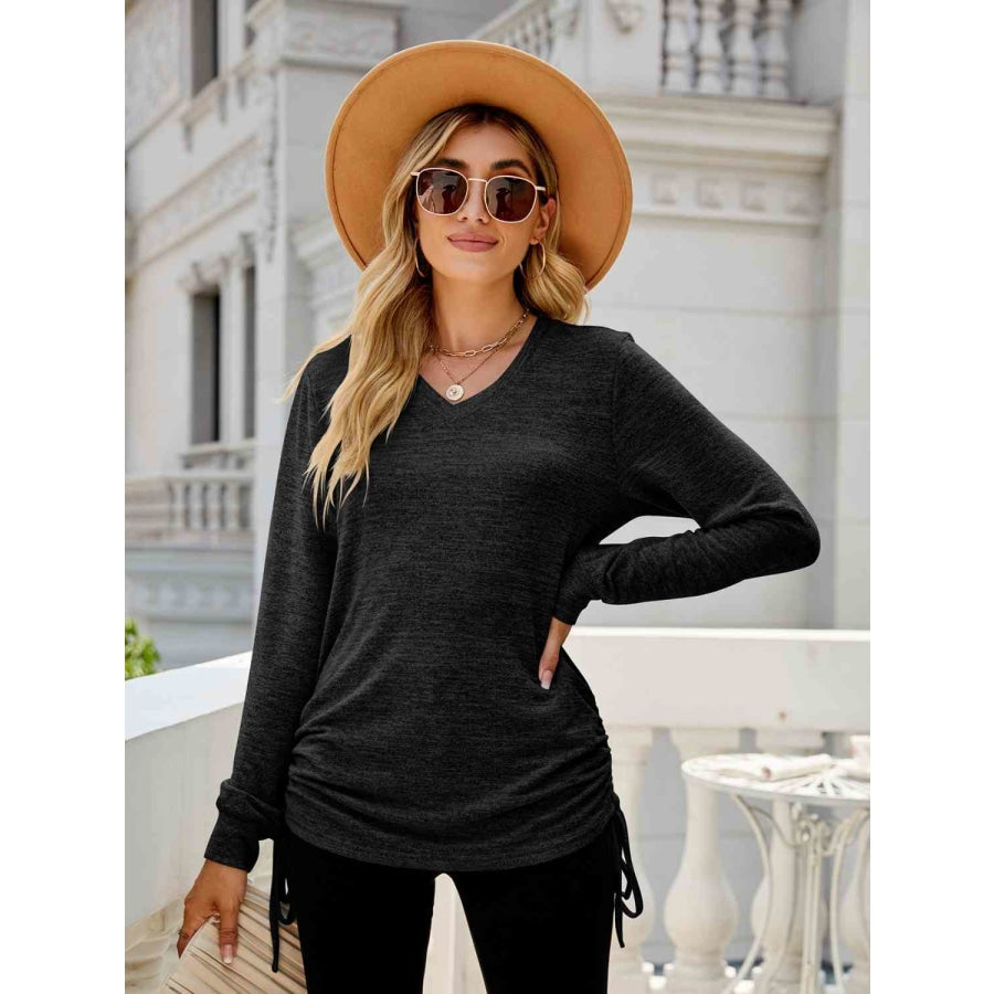 Drawstring V-Neck Long Sleeve T-Shirt