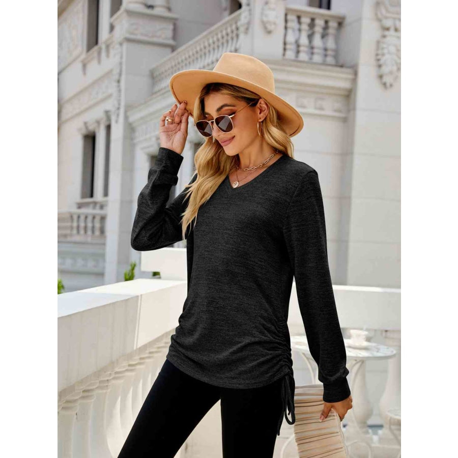 Drawstring V-Neck Long Sleeve T-Shirt