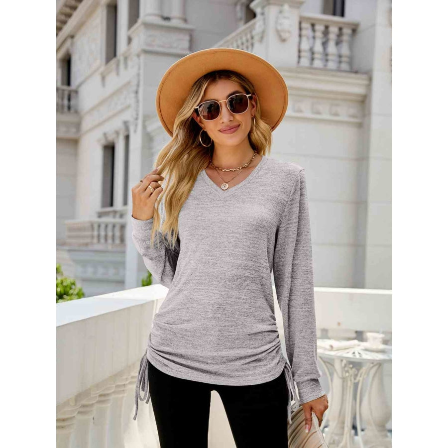 Drawstring V-Neck Long Sleeve T-Shirt