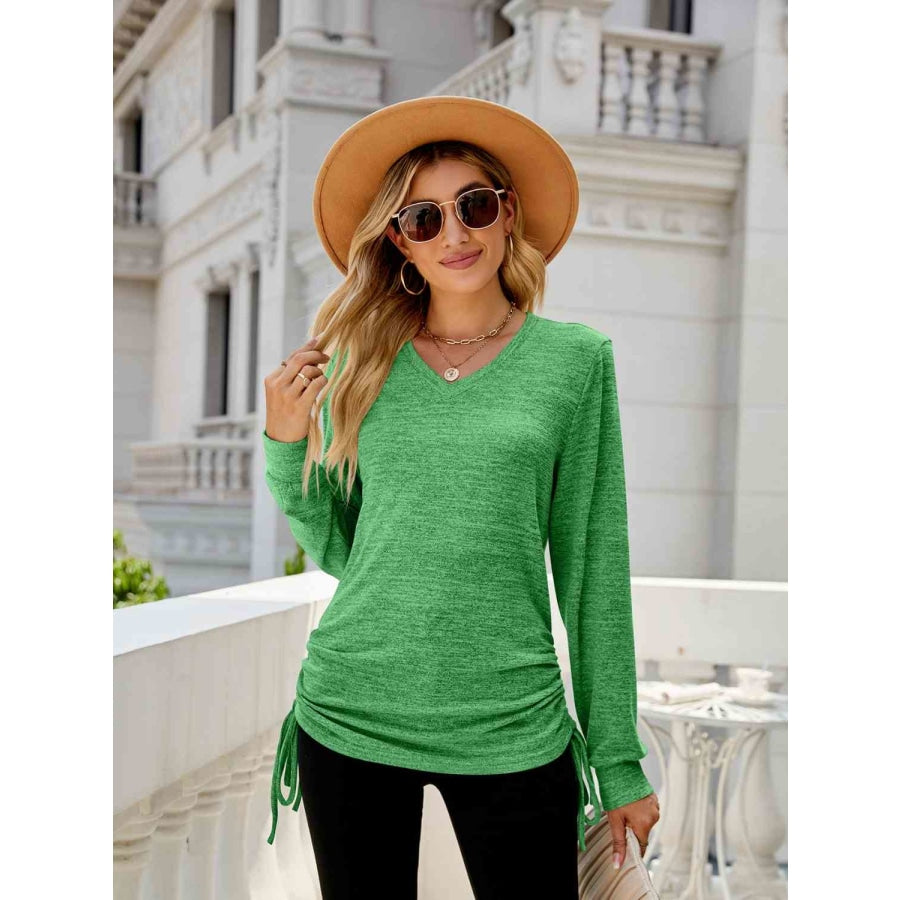 Drawstring V-Neck Long Sleeve T-Shirt