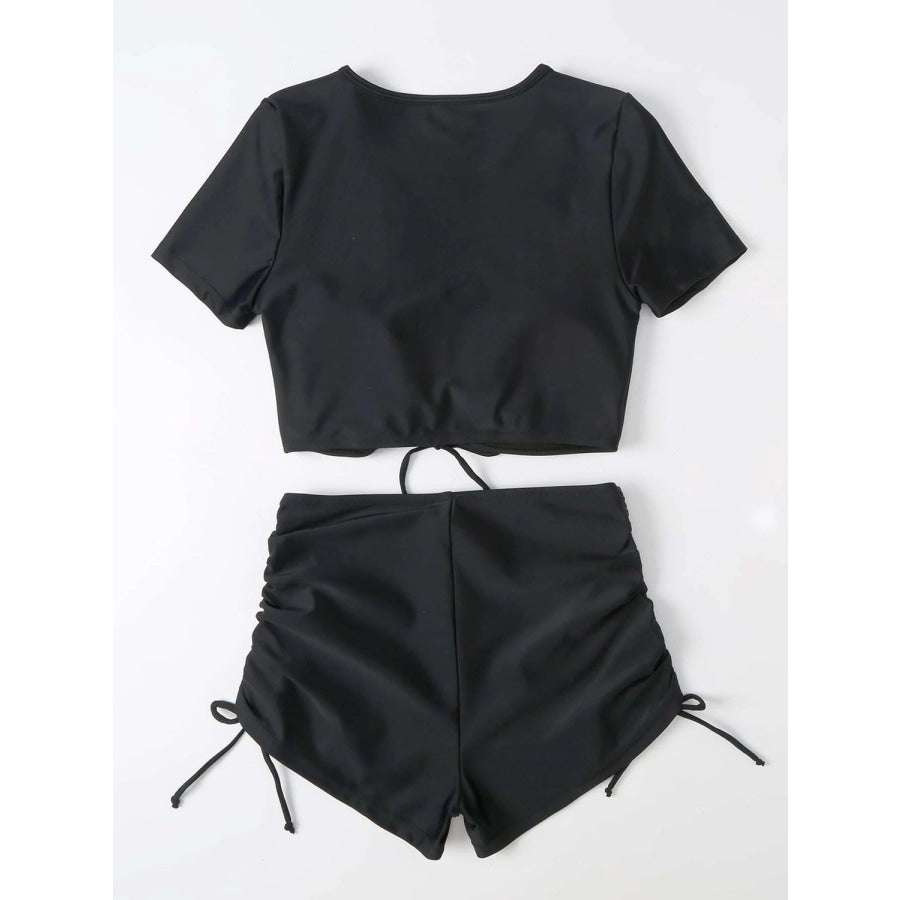 Drawstring V - Neck Short Sleeve Two - Piece Swim Set Apparel and Accessories
