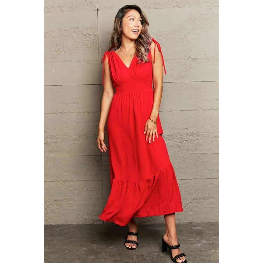 Drawstring V-Neck Sleeveless Dress Red / S Apparel and Accessories