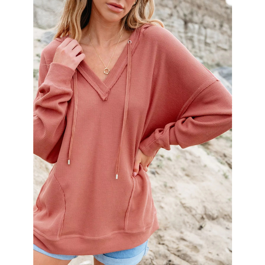 Drawstring V-Neck Waffle Knit Casual Hoodie Apparel and Accessories