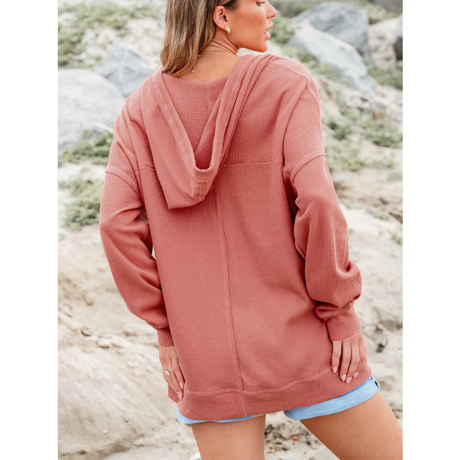 Drawstring V-Neck Waffle Knit Casual Hoodie Apparel and Accessories