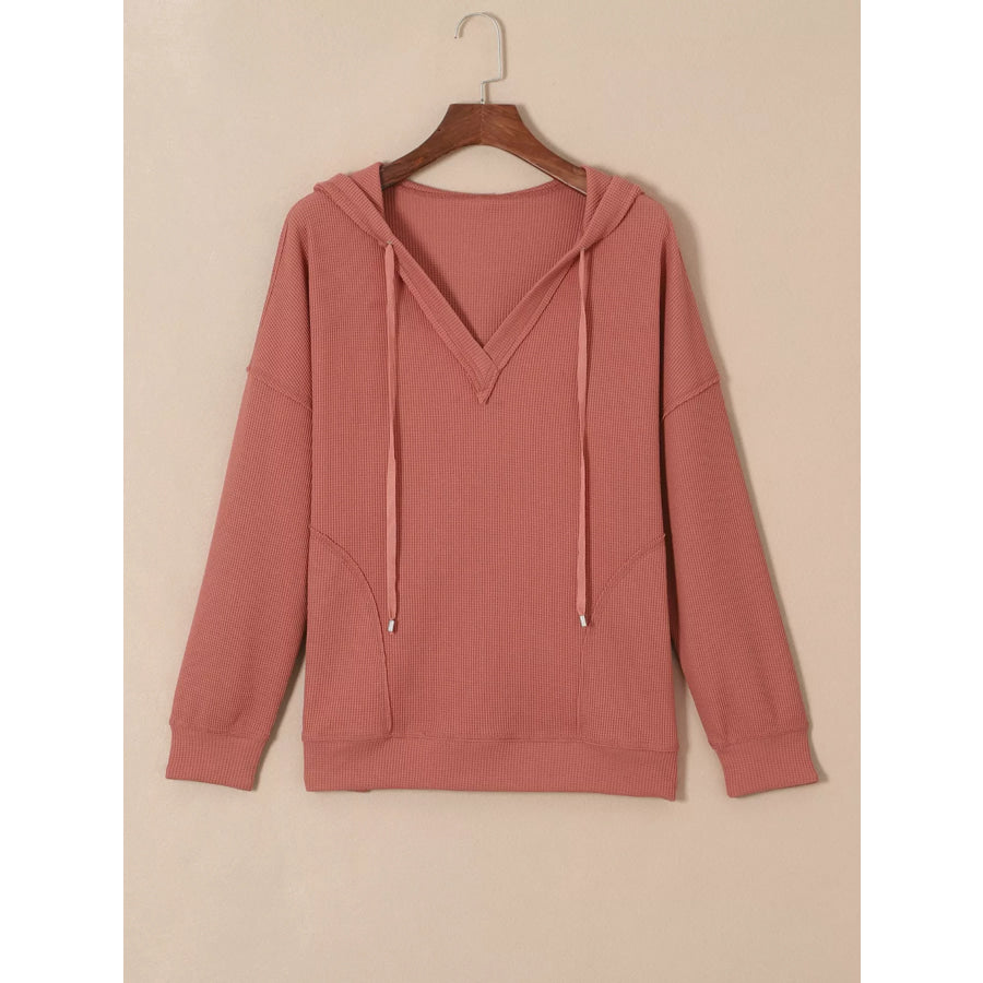 Drawstring V-Neck Waffle Knit Casual Hoodie Apparel and Accessories
