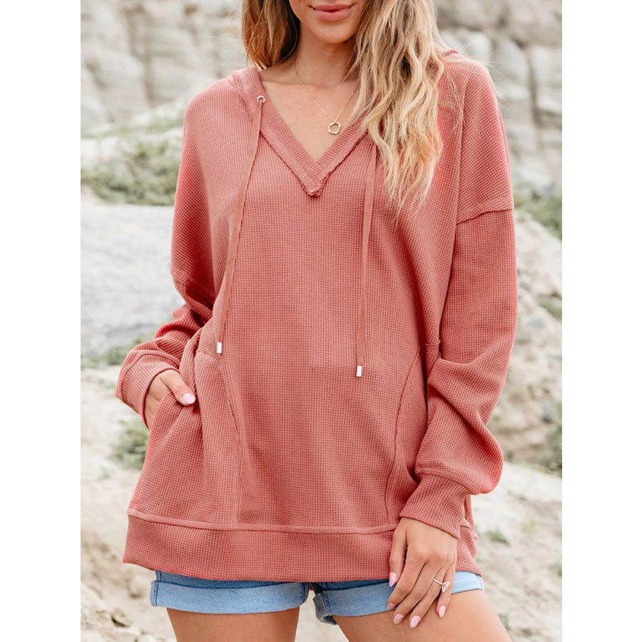 Drawstring V-Neck Waffle Knit Casual Hoodie Dusty Pink / S Apparel and Accessories