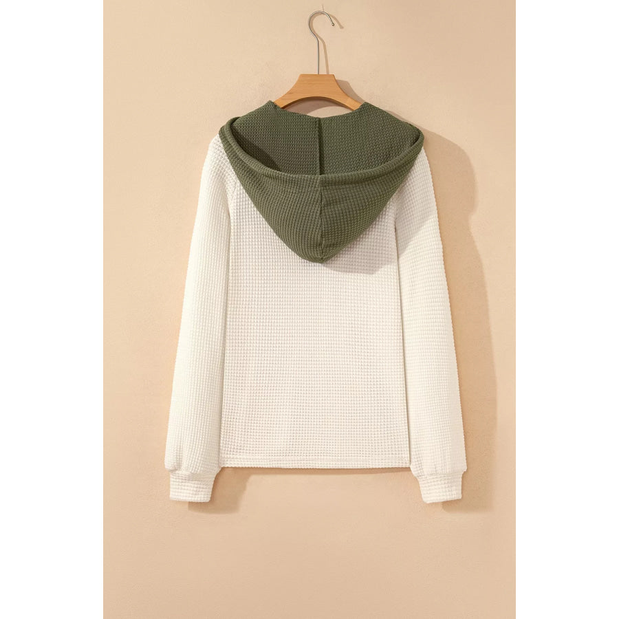 Drawstring Waffle Knit Henley Hoodie Apparel and Accessories