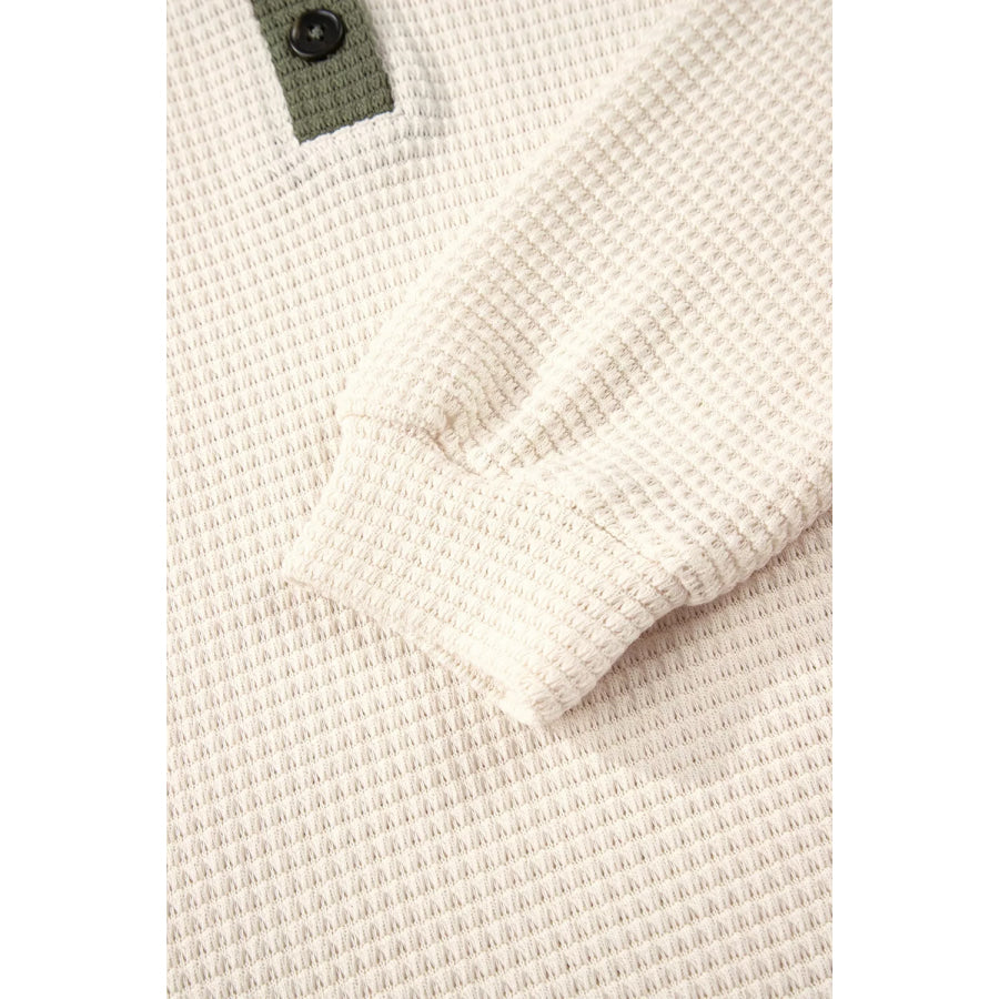Drawstring Waffle Knit Henley Hoodie Apparel and Accessories