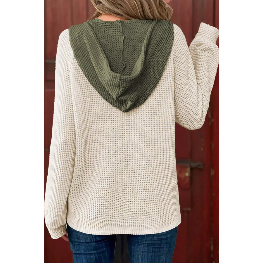 Drawstring Waffle Knit Henley Hoodie Apparel and Accessories