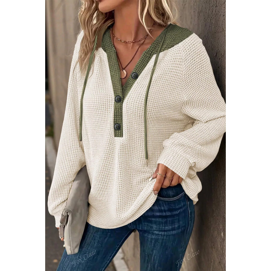 Drawstring Waffle Knit Henley Hoodie Apparel and Accessories