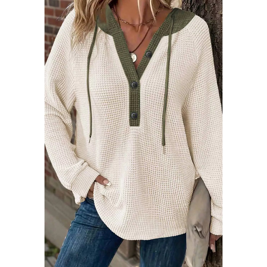 Drawstring Waffle Knit Henley Hoodie White / S Apparel and Accessories