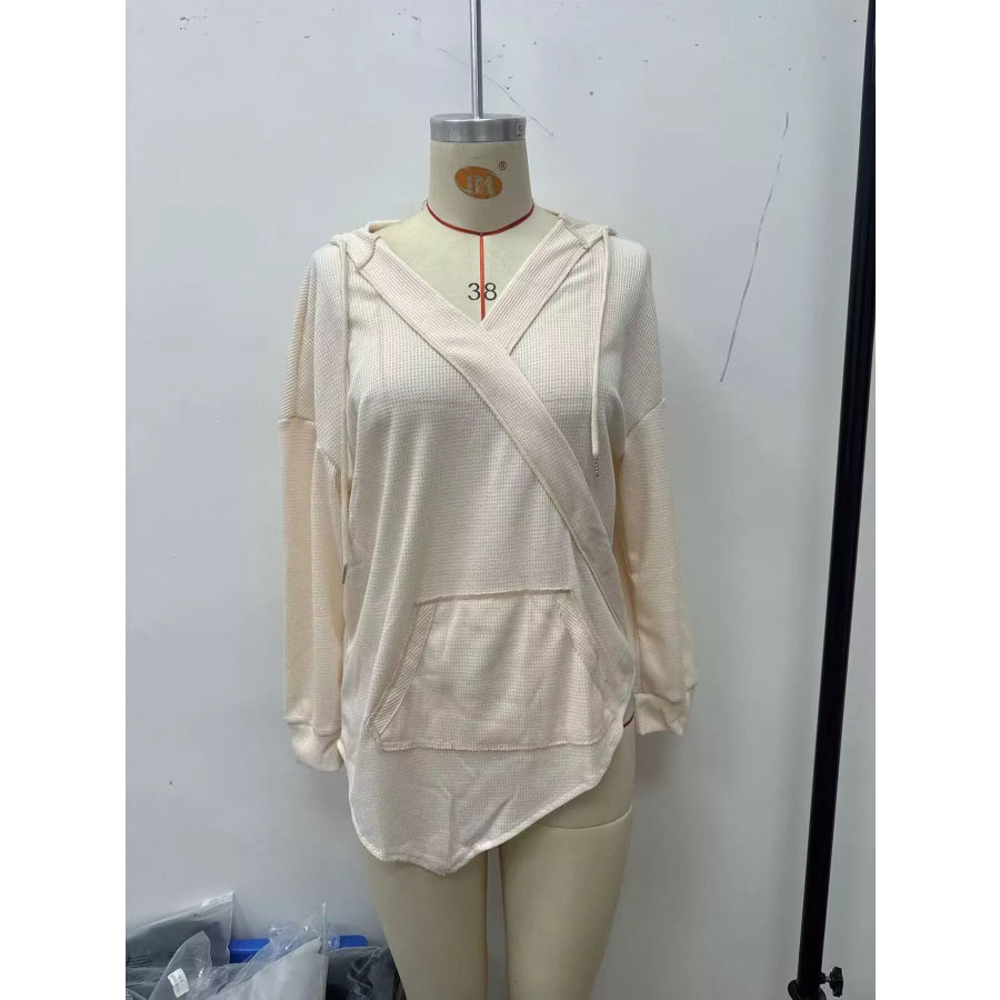 Drawstring Waffle Knit Hoodie Beige / S Apparel and Accessories