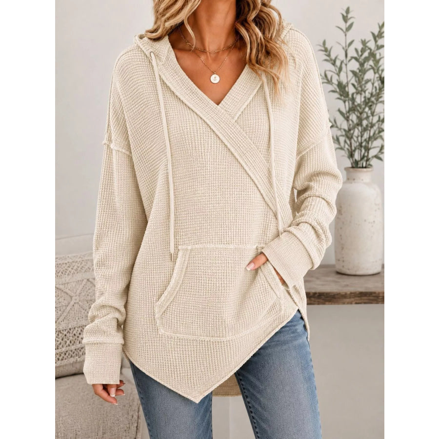 Drawstring Waffle Knit Hoodie Beige / S Apparel and Accessories