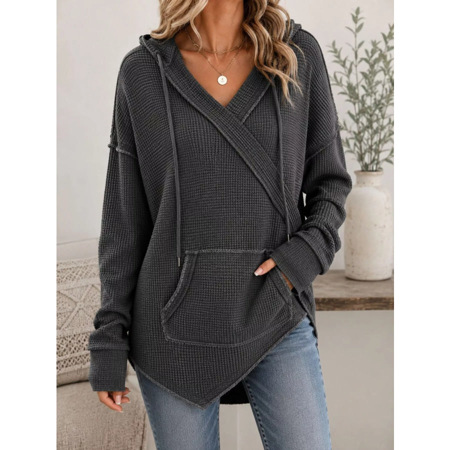 Drawstring Waffle Knit Hoodie Dark Gray / S Apparel and Accessories