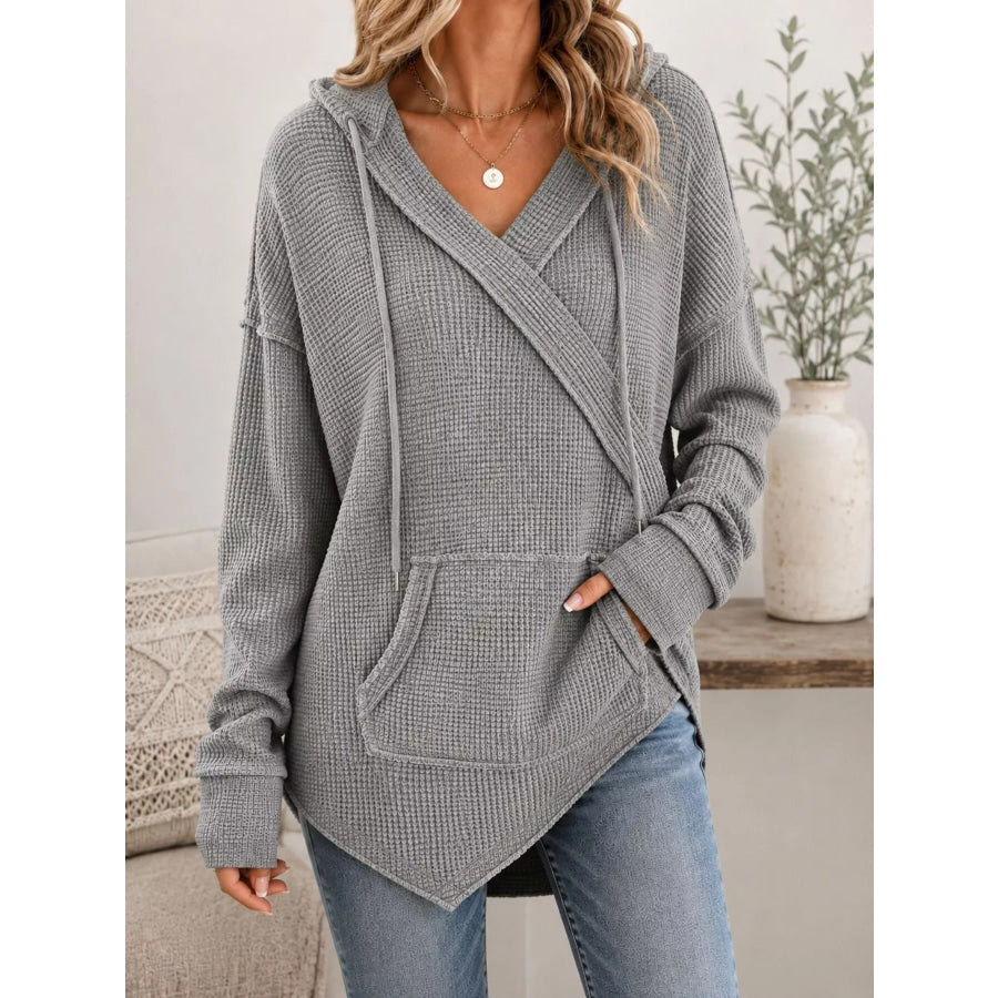 Drawstring Waffle Knit Hoodie Gray / S Apparel and Accessories
