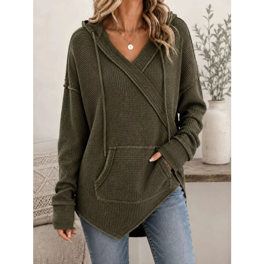 Drawstring Waffle Knit Hoodie Moss / S Apparel and Accessories